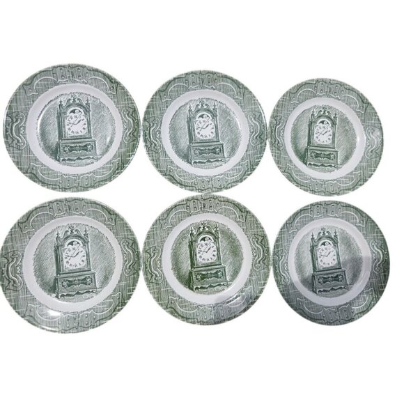 Set Of 6 Taylor Smith Taylor "Hour After Hour" Green Clock Plates 7" Vintage Din - Picture 1 of 16